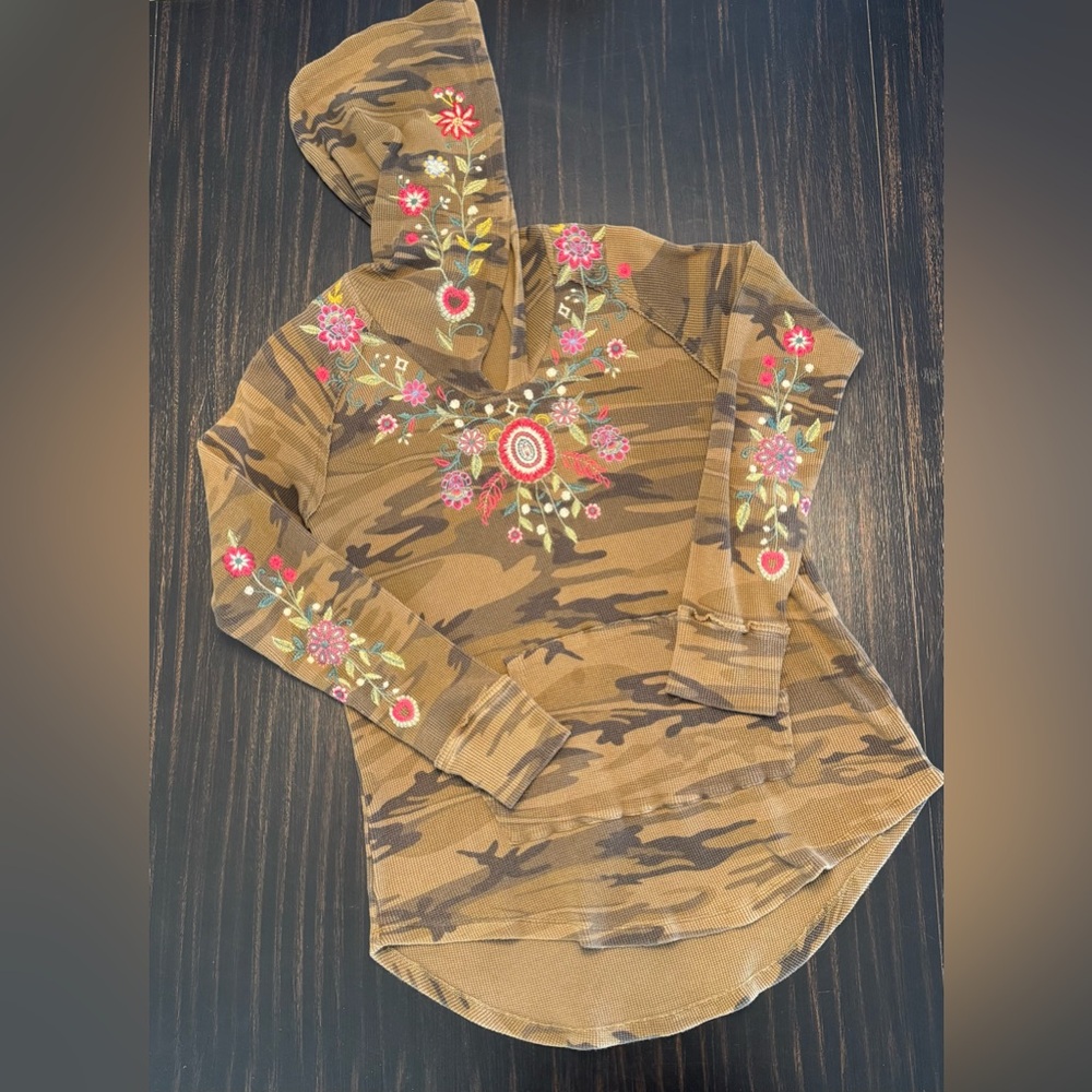 Johnny Was Floral Embroidered Camouflage Hoodie.
